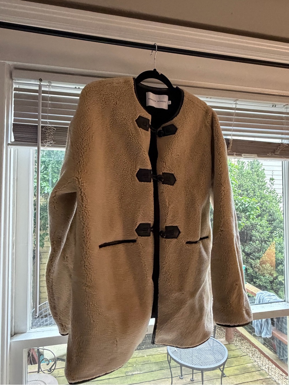 Rebecca Minkoff Cream Teddy Sherpa Coat with Black Trim